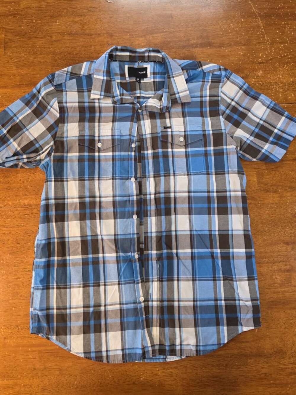 Men's Hurley Button Up Short Sleeve Shirt Blue White Gray XL